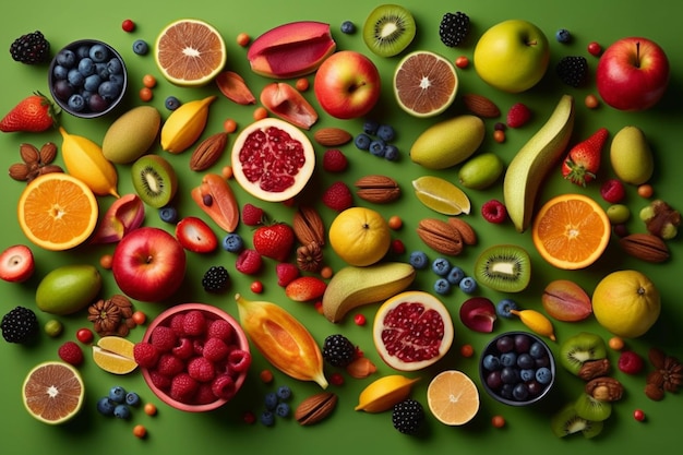 Una varietà di frutti tra cui uno che dice "frutta"