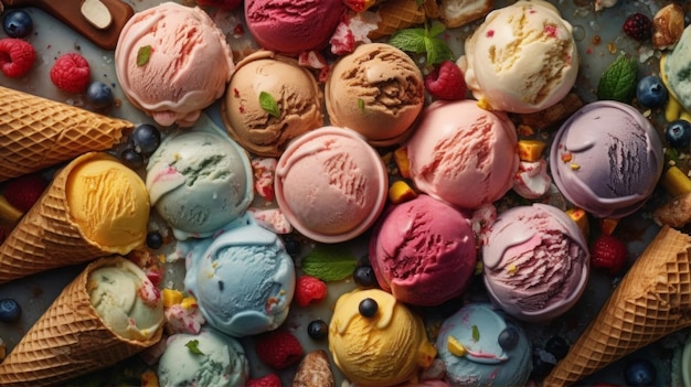 Una varietà di gelati colorati sono su un tavolo.