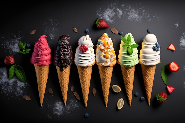 Una varietà di gusti di gelato sono disposti in coni su uno sfondo di pietra scura, incluso il mirtillo