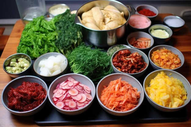 Una varietà di ingredienti colorati per la preparazione del kimchi