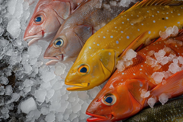 Una varietà di pesci di mare sul ghiaccio nella vetrina delizie di frutti di mare