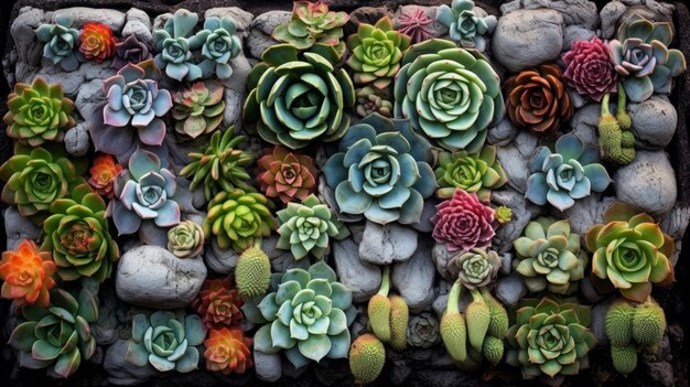 Una varietà di piante succulente con forme e texture uniche generate dall'AI