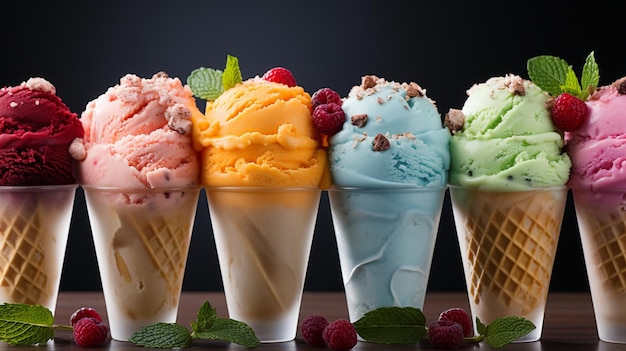 Una varietà di sapori vibranti di gelato con frutta