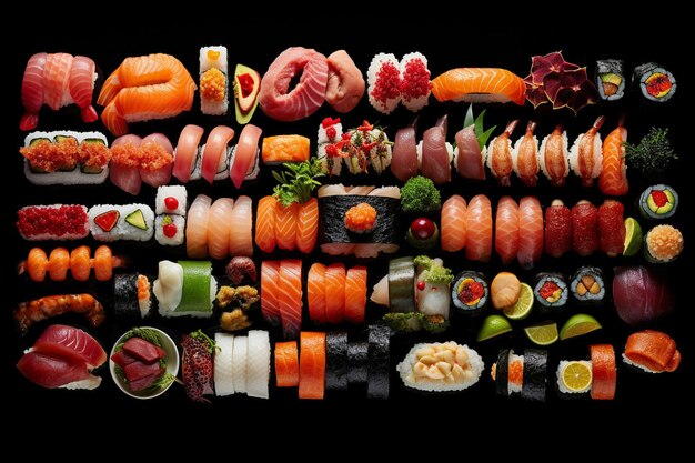 Una varietà di sushi e sushi sono disposti su una superficie nera