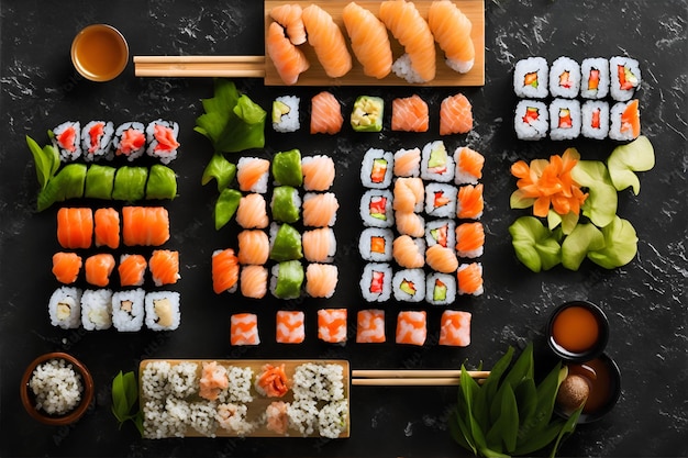 Una varietà di sushi su sfondo nero