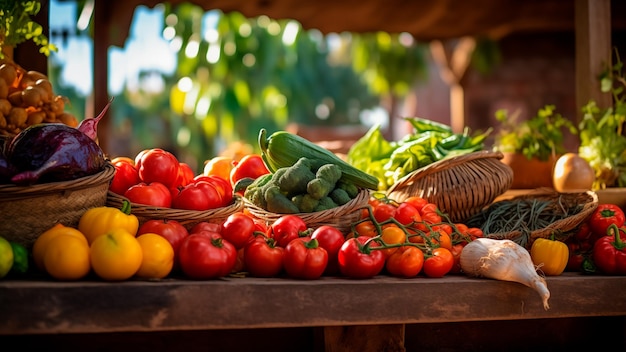 Una varietà di verdure fresche in vendita in un mercato locale tavoli impilati pieni di verdure biologiche fresche