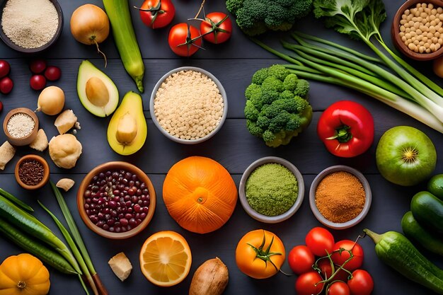 Una varietà di verdure tra cui broccoli, fagioli e pomodori sono esposte su un tavolo di legno.