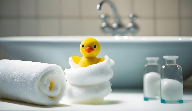 Una vasca da bagno con un telo da bagno e dentro una papera di gomma.