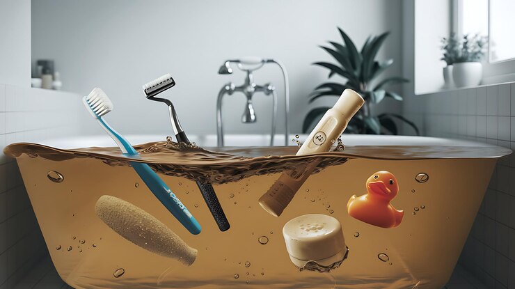 una vasca da bagno con una bottiglia di sapone e un'anatra di gomma in essa