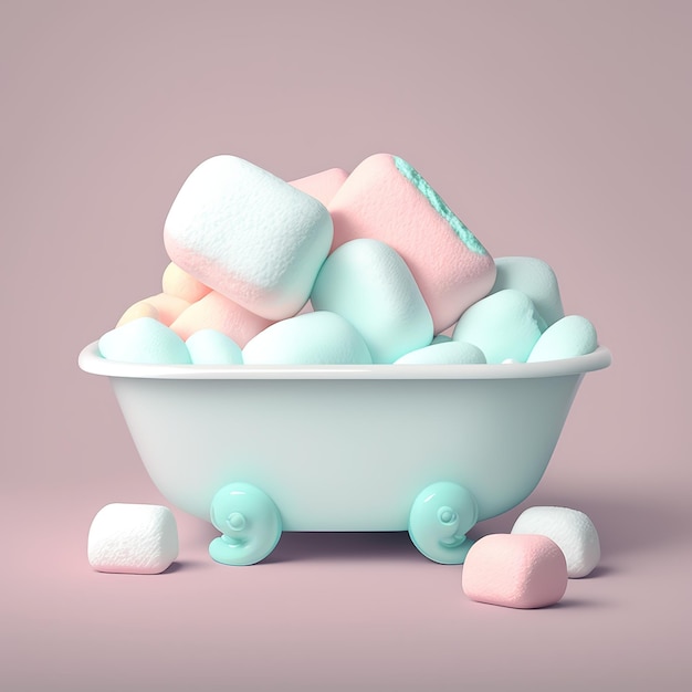 Una vasca piena di marshmallow si trova su uno sfondo rosa.