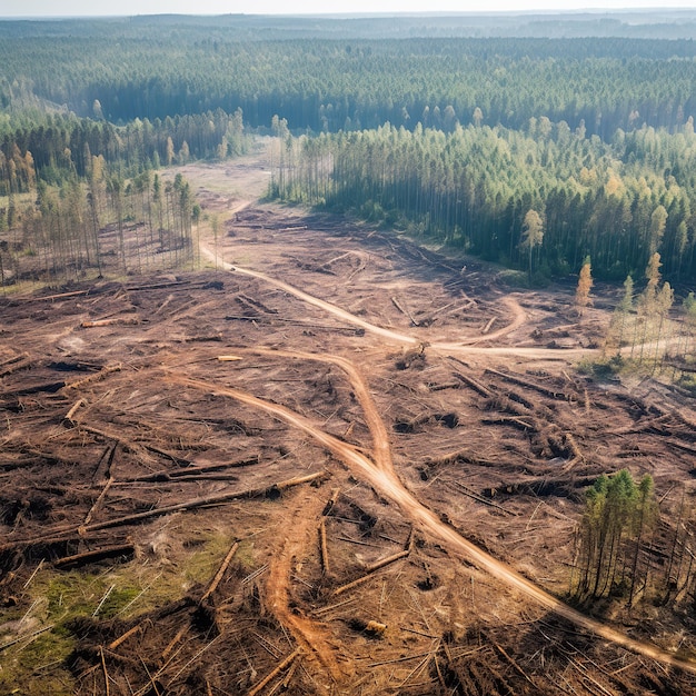 Una vasta area di alberi che è stata tagliata e la parola foresta su di essa.