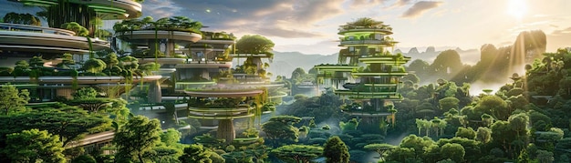 Una vasta città futuristica eco-friendly perfettamente integrata con la verdura lussureggiante