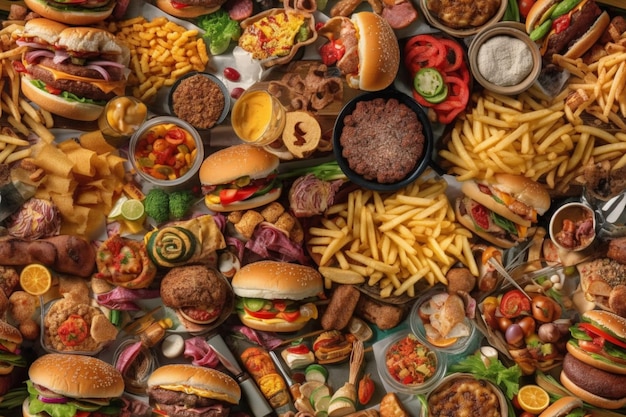 Una vasta collezione di cibo tra cui hamburger, patatine fritte e altri cibi.