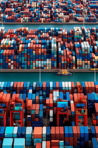 una vasta gamma di container ordinatamente disposti in file hub logistico