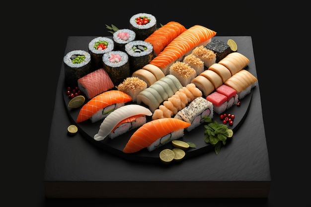 Una vasta gamma di sushi su un'ardesia su uno sfondo nero con una varietà di rotoli nigiri e maki
