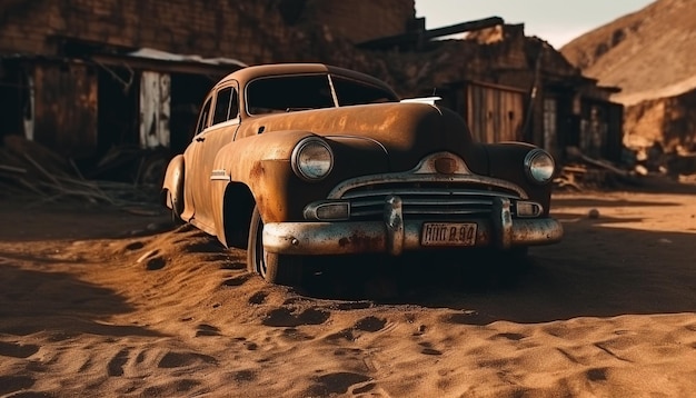 Una vecchia auto nel deserto targata 464.