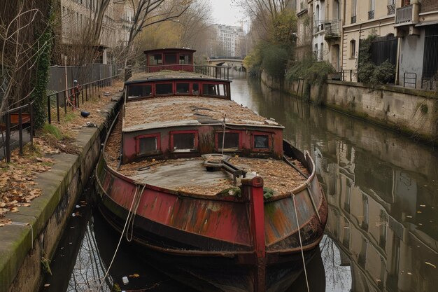 Una vecchia barca nel canale della città sull'acqua