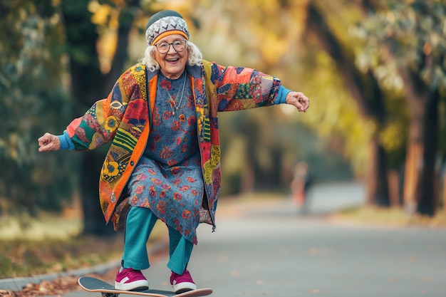 Una vecchia buffa che fa skateboard per strada.