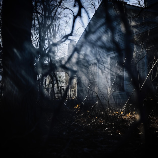 una vecchia casa nel bosco con il sole che splende tra gli alberi