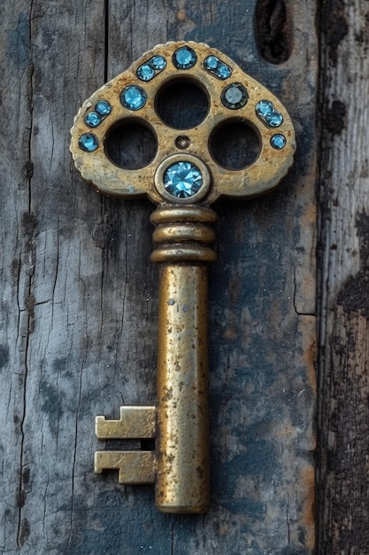 Una vecchia chiave di design con una decorazione di serratura si trova su uno sfondo di legno
