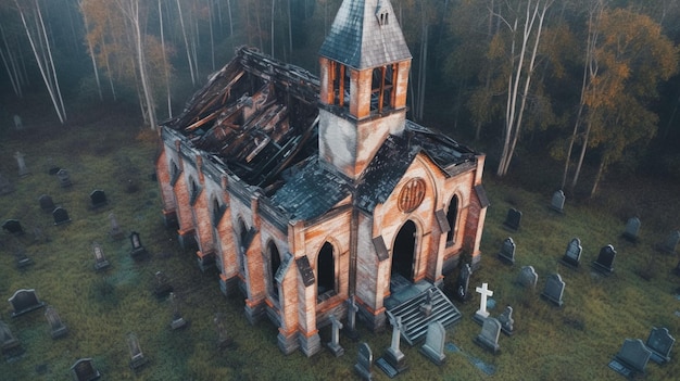 Una vecchia chiesa in una foresta con un cimitero sullo sfondo