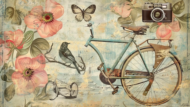 Una vecchia collezione di cose d'epoca tra cui uccelli, arco, fiori, biciclette, telecamere e farfalle su uno sfondo grunge.