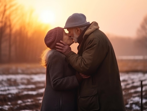 Una vecchia coppia d'amore si sta godendo una romantica giornata invernale.