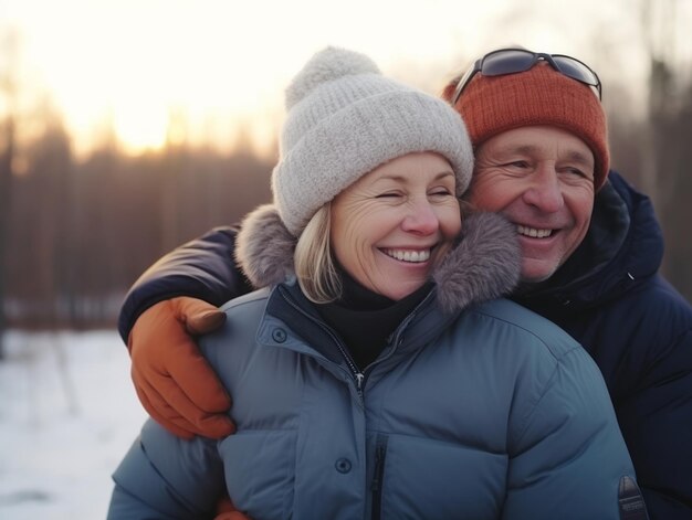 Una vecchia coppia d'amore si sta godendo una romantica giornata invernale.