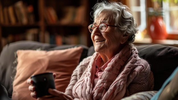 una vecchia donna che indossa occhiali e una sciarpa con un libro sullo sfondo
