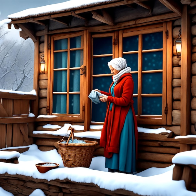 Una vecchia donna che lava i vestiti in inverno nello stile dell'arte rinascimentale con un aspetto ristretto
