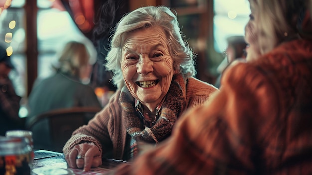 una vecchia donna che sorride davanti a un tavolo con una donna su di esso