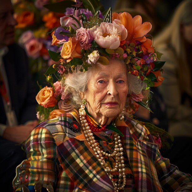 una vecchia donna con una corona di fiori sulla testa