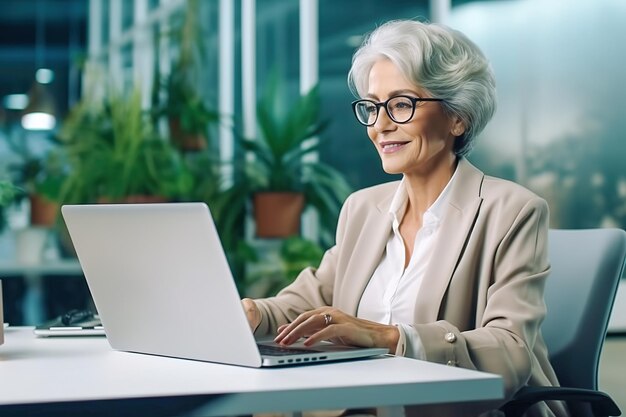 Una vecchia donna di successo lavora al computer.