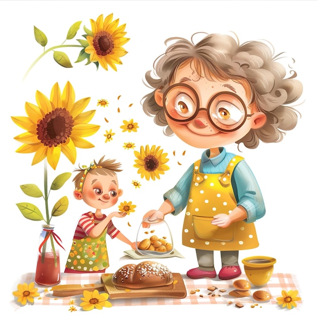 una vecchia donna e un bambino stanno cucinando davanti ai girasoli