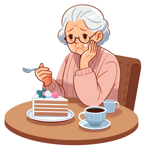 una vecchia donna si siede a un tavolo con un piatto di torta e una tazza di caffè