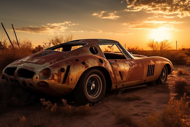 Una vecchia macchina arrugginita nel deserto con il sole che tramonta dietro di essa