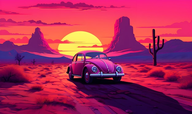 una vecchia macchina guida su grandi palme e il tramonto nel deserto nello stile di vaporwave colori audaci s