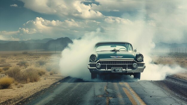 Una vecchia macchina si rompe e emette fumo nel deserto.