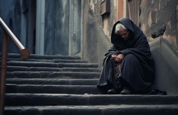 Una vecchia mendicante stanca si siede su una strada e aspetta che qualcuno metta soldi o cibo e acqua