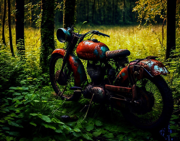 Una vecchia motocicletta arrugginita è in un campo con foglie verdi.