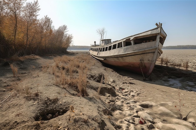 Una vecchia nave abbandonata nel letto asciutto di un fiume ora senza acqua né vita a causa dell'estrema siccità causata dal riscaldamento globale Ai generato