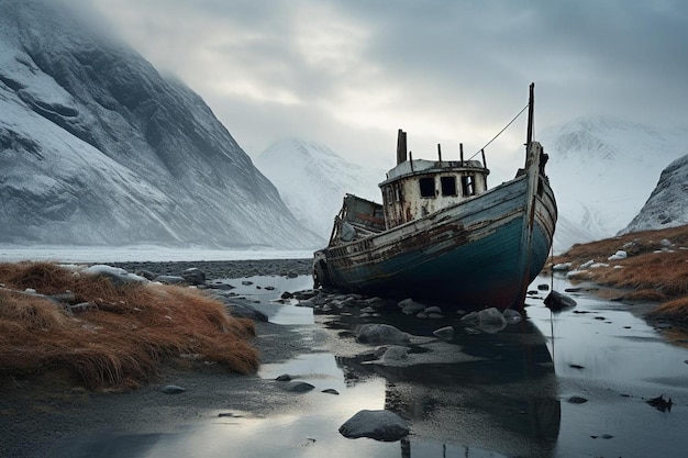 Una vecchia nave si trova sulla riva di un lago.