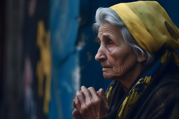 Una vecchia nonna prega per l'Ucraina i colori della bandiera ucraina Generative AI 1