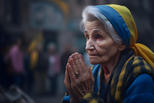 Una vecchia nonna prega per l'Ucraina i colori della bandiera ucraina Generative AI 1