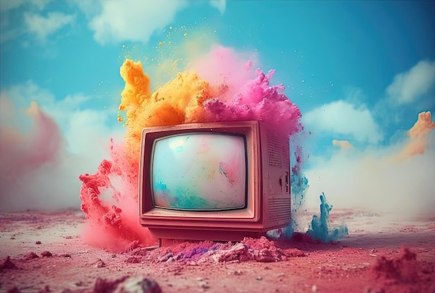 una vecchia schermata televisiva bianca con una polvere colorata che la copre