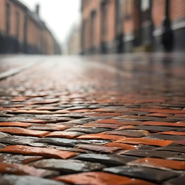 una vecchia strada di mattoni sotto la pioggia