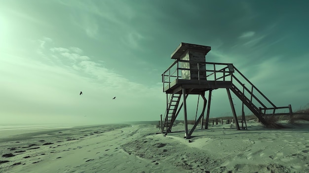 Una vecchia torre di salvataggio in legno si erge su una spiaggia il cielo è nuvoloso e l'acqua è agitata un paio di gabbiani stanno volando in lontananza