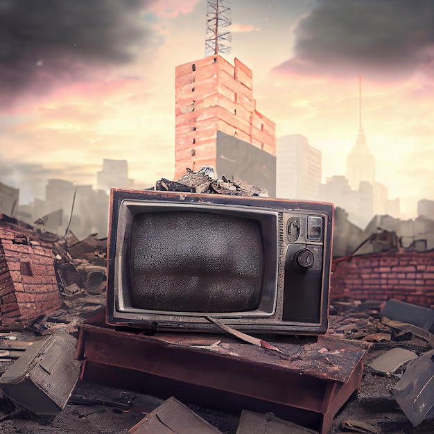 Una vecchia TV adagiata sulle rovine di una casa Una città postapocalittica in rovina Edifici distrutti