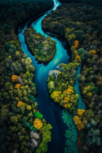 Una veduta aerea del fiume circondato da alberi IA generativa