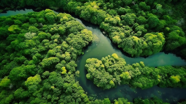 Una veduta aerea di un fiume verde nella giungla